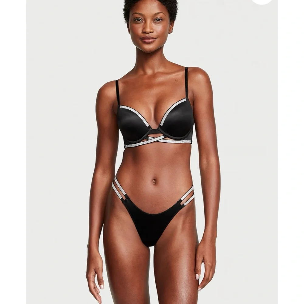 New Victoria’s Secret Shine Rhinestone Strappy Cradle Push Ip Black Bra 38C - Picture 5 of 5